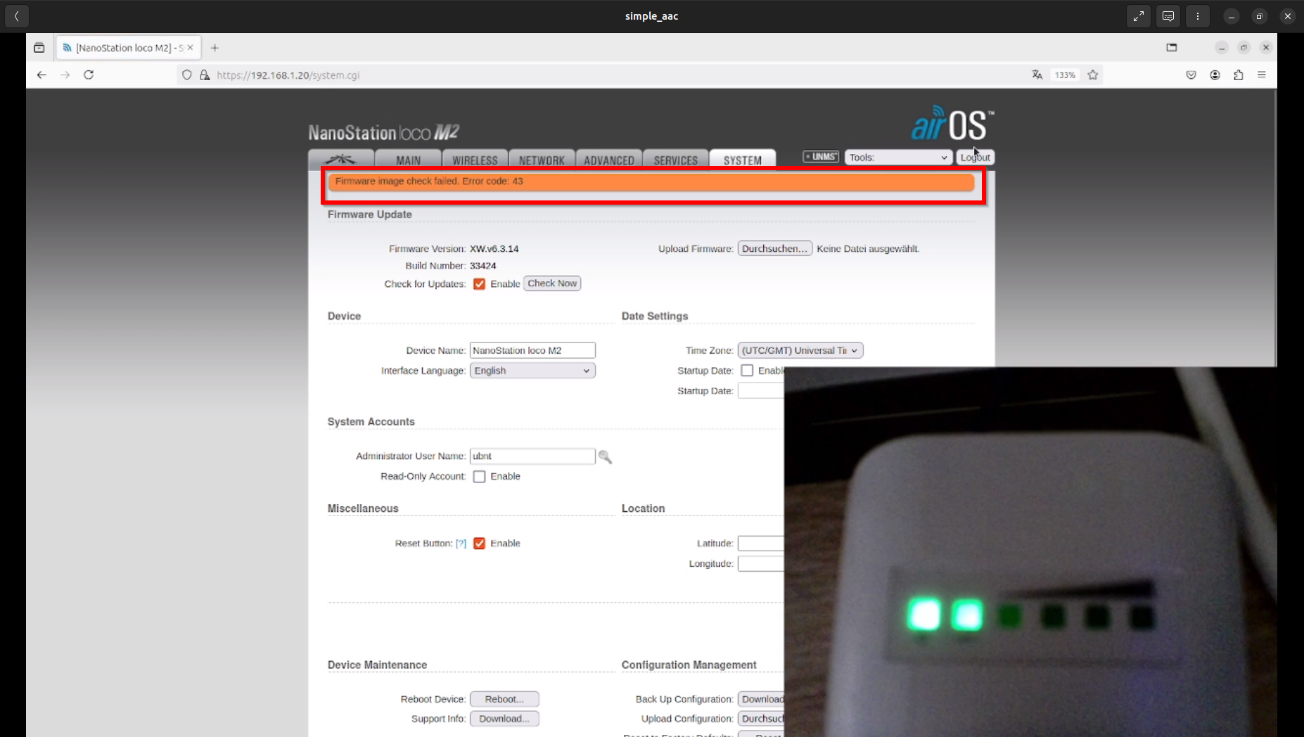 01b. Der Upload der fremden Firmware wird verweigert.