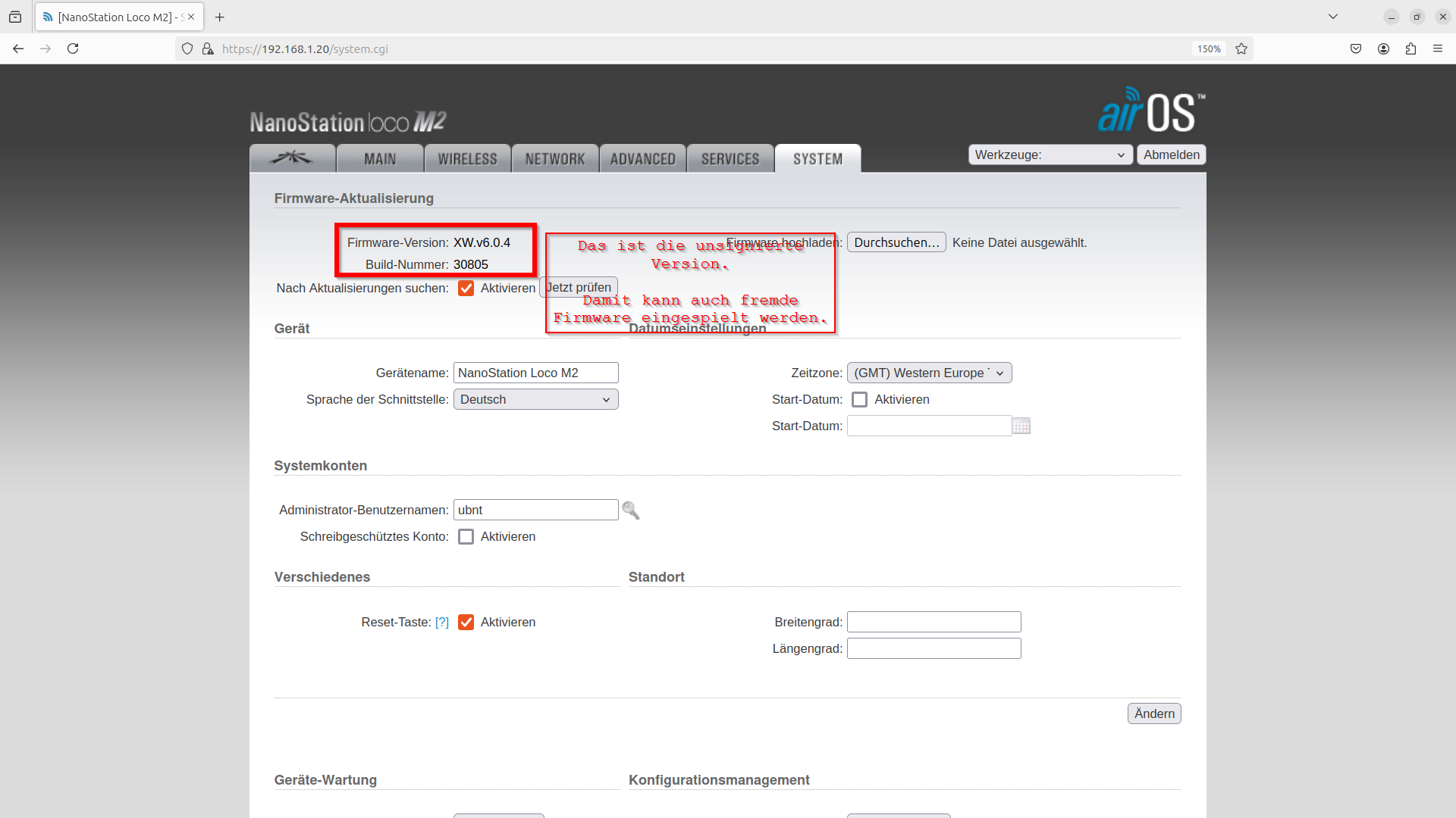 05. Register System -> Anzeige Firmwareversion