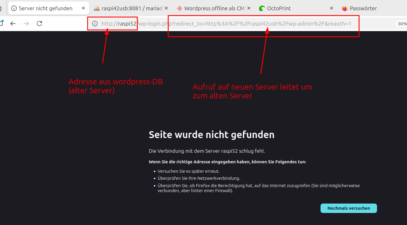 Fehlermeldung Sprung zum alten Server